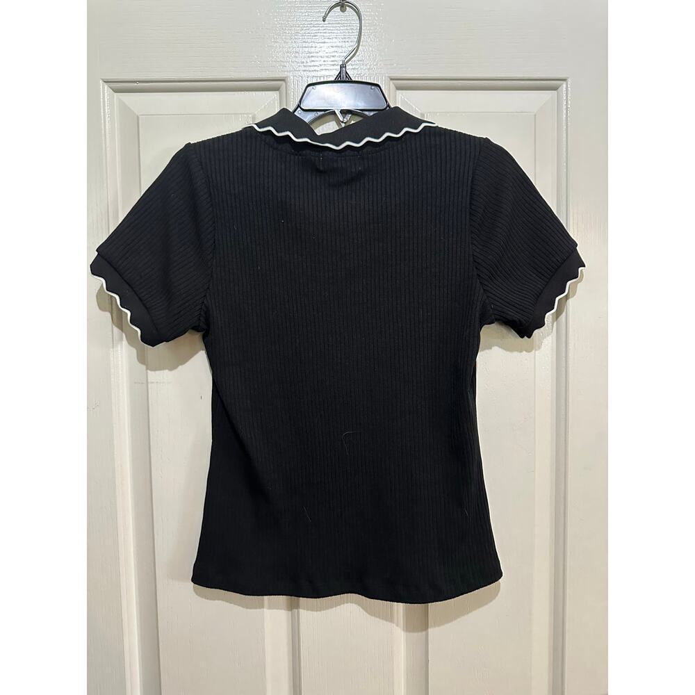 Maeve by Anthropologie Women's Black Scalloped Polo Shirt Size Small - Picture 7 of 14